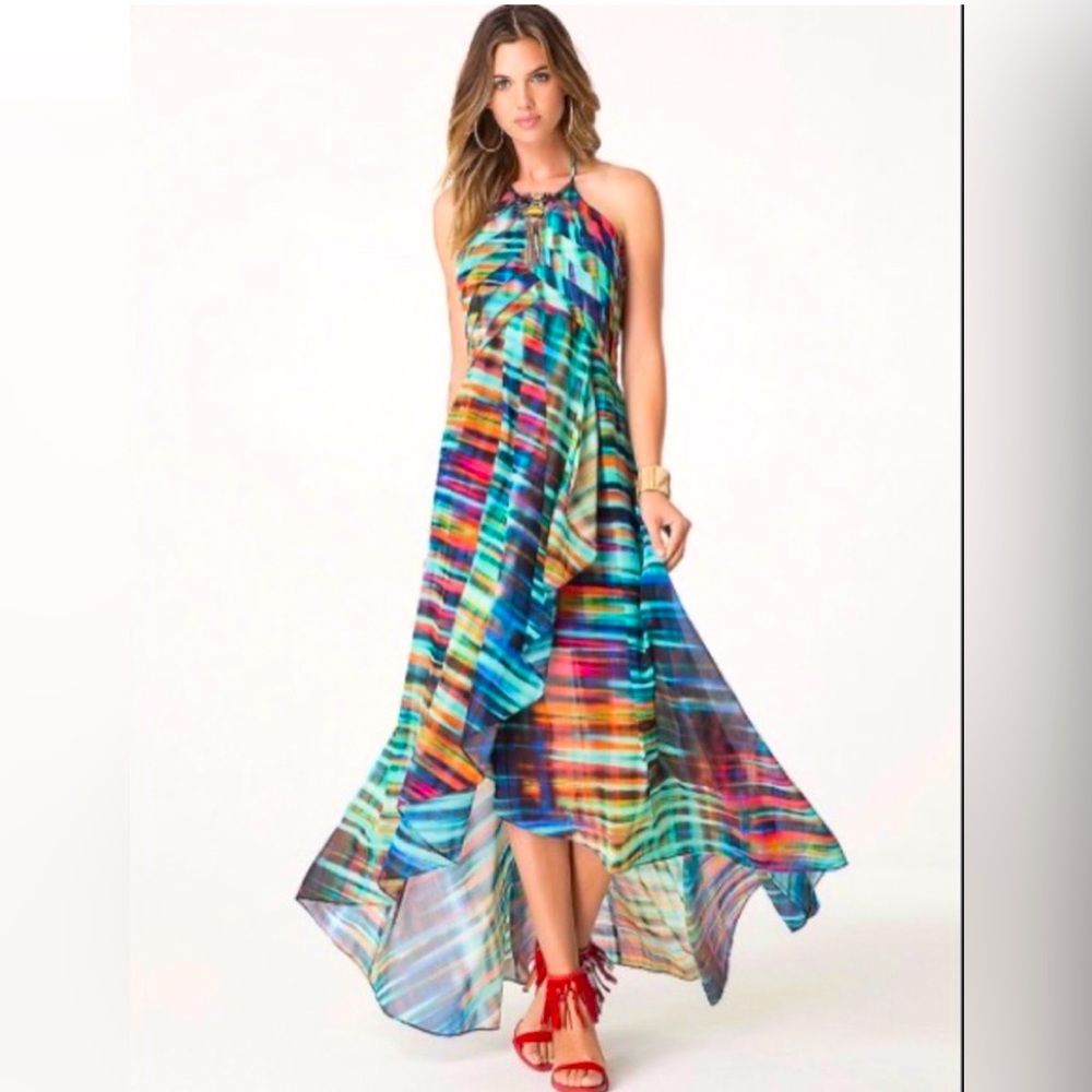 Bebe Rainforest Print Chiffon Halter Dress